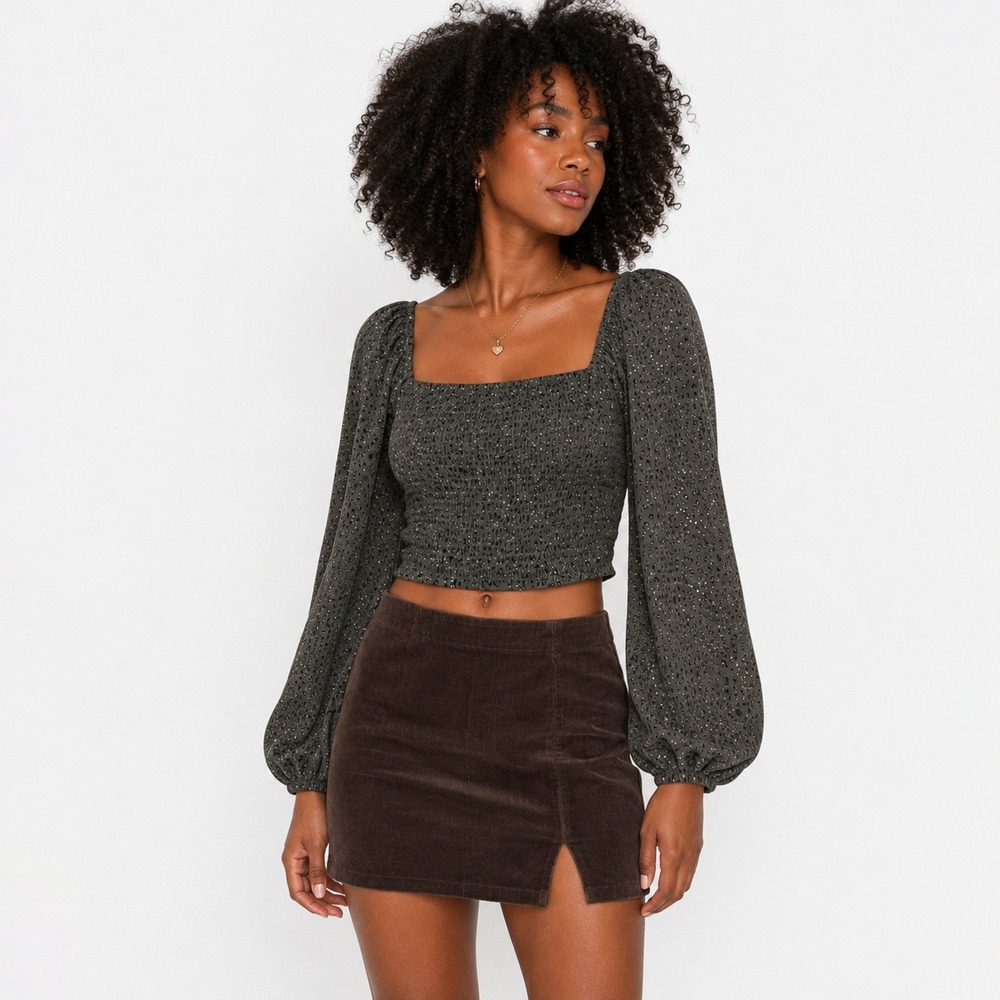 Rokoko Smocked Animal Print Crop Top Olive Green Boho Balloon Sleeve Size M